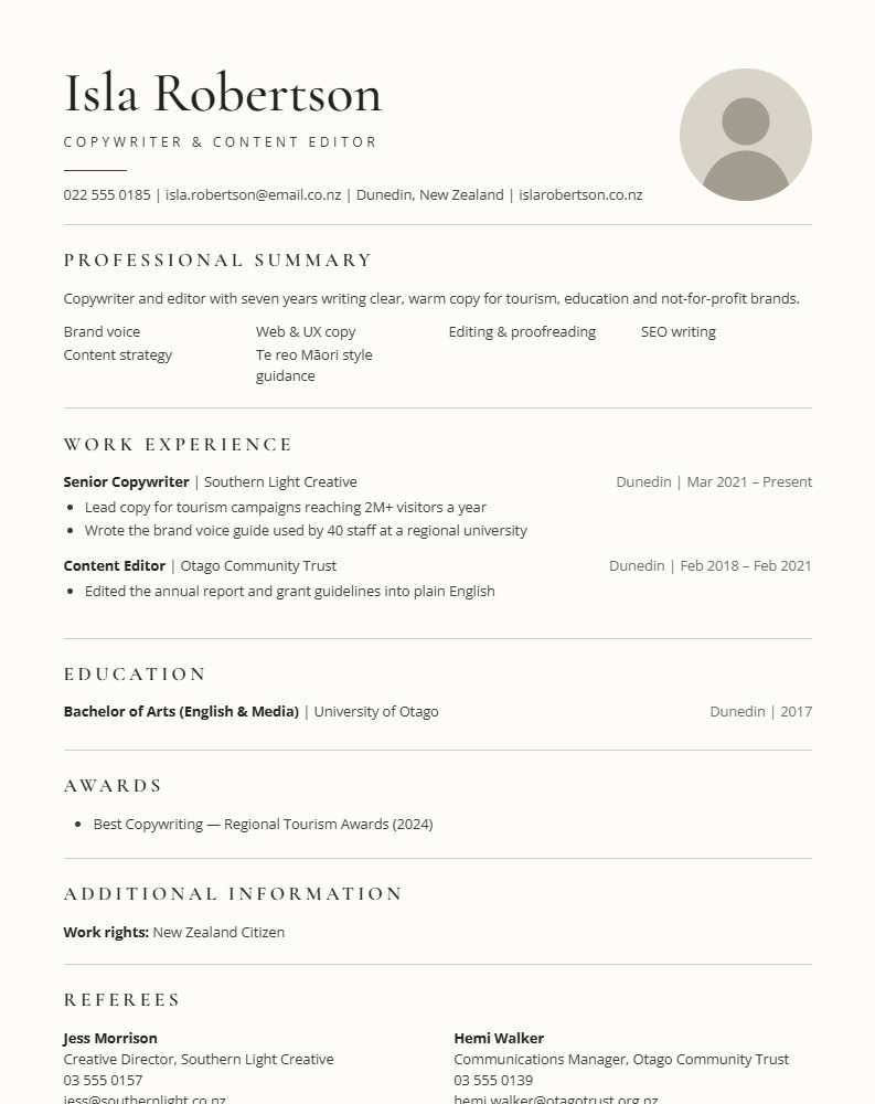 The Editor CV template preview
